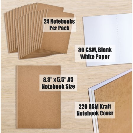 Better Office Products Kraft Notebooks, Blank Unlined, 8.3in. x 5.5in. A5 Size, 60 White Pages, 80 GSM, Soft Cover, 24PK 25022